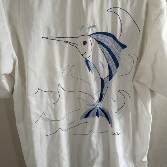Vtg Fishing Shirt Men Large L Embroidered Marlin Swordfish Short Sleeve Button - Picture 2 of 9